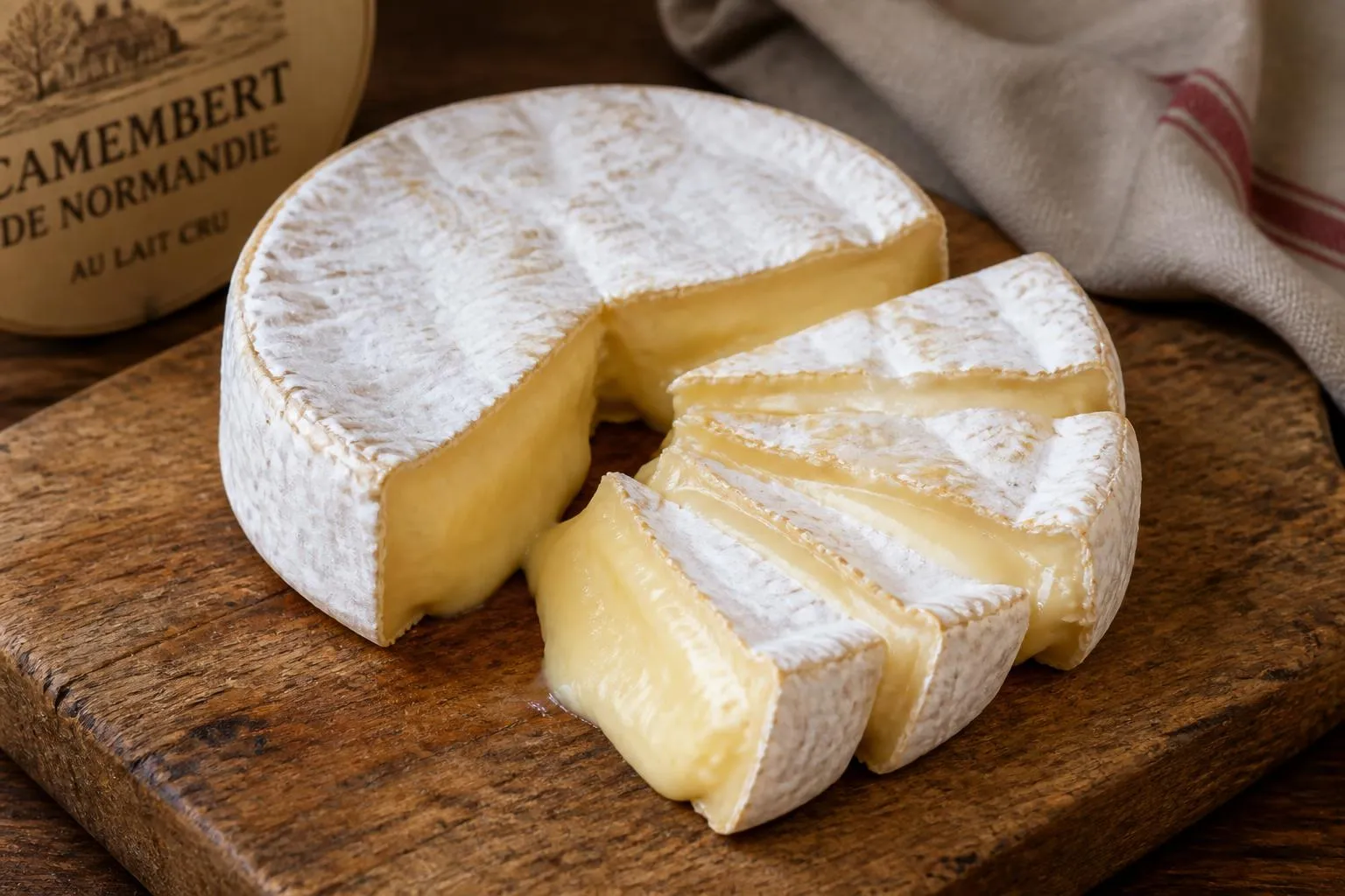 un camembert de Normandie coupé en tranches sur une planche en bois, avec la croûte fleurie visible et le cœur coulant apparent