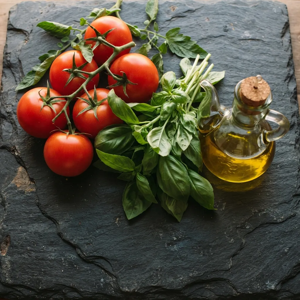 Tomates, basilic frais et huile d'olive sur ardoise