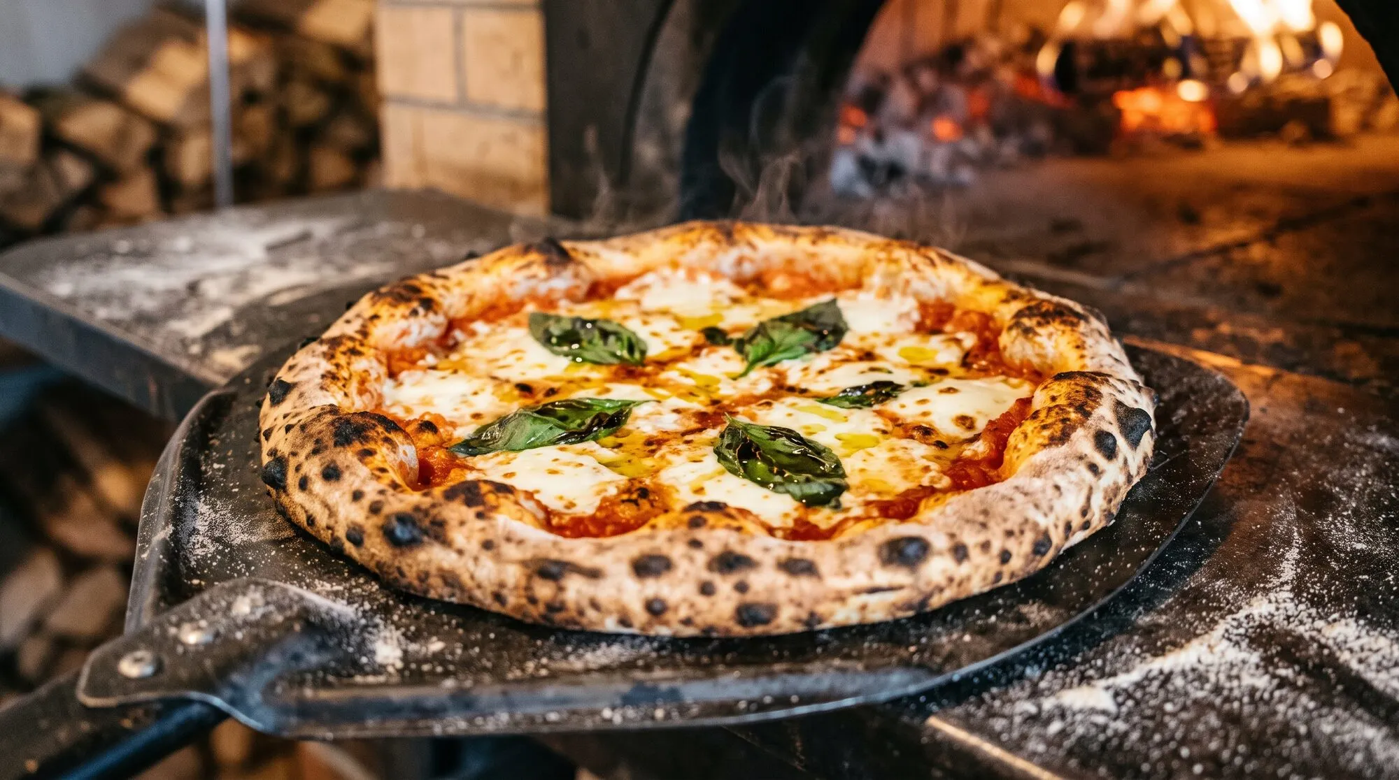 Pizza margherita cuite au feu de bois, sortie du four