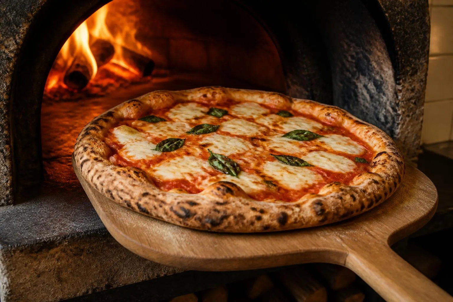 une pizza entière posée sur une pelle en bois, sortant d'un four à bois, croûte marbrée et légèrement boursouflée