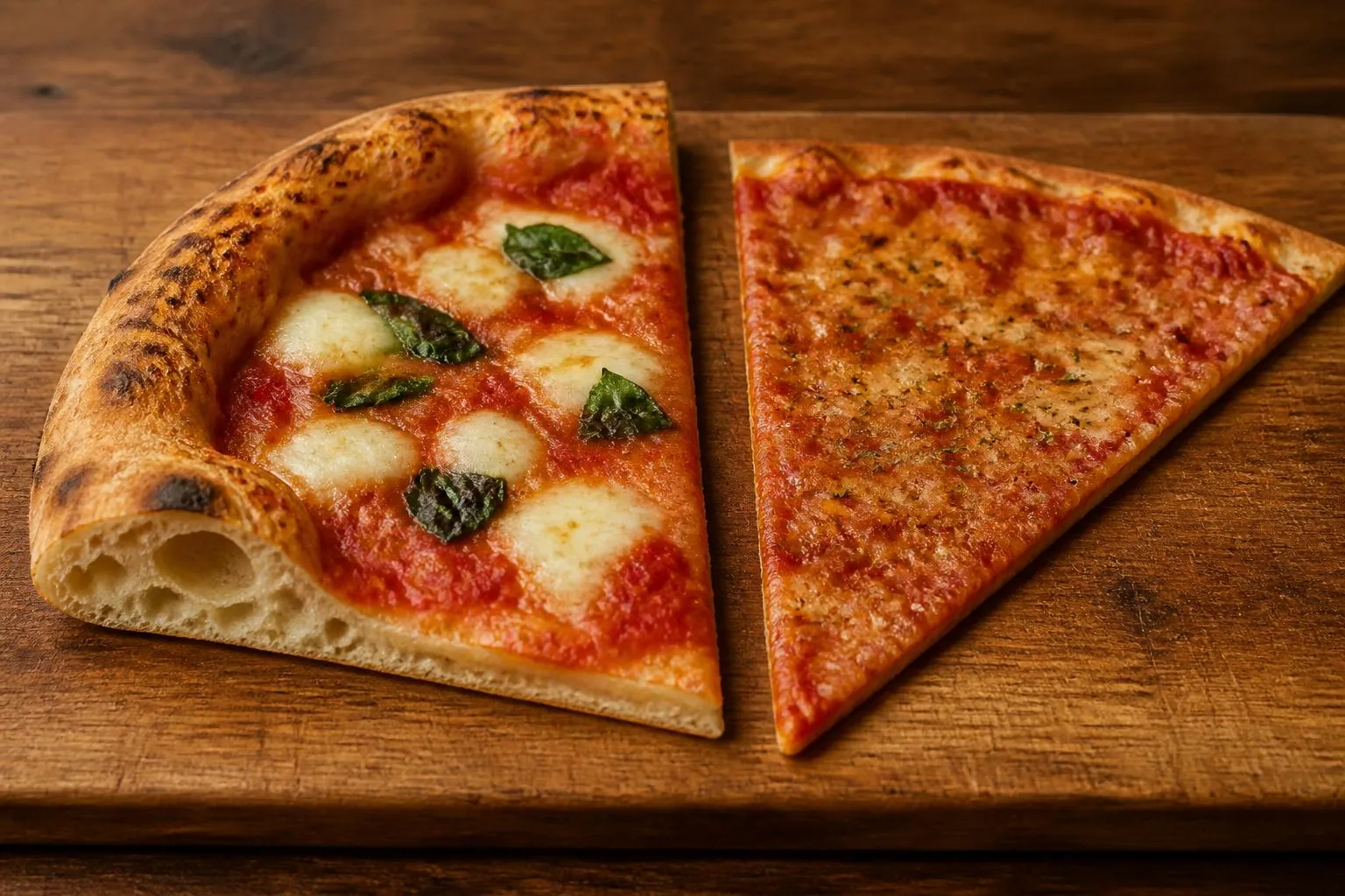 deux parts de pizza côte à côte sur une planche en bois, l'une à bord épais et alvéolé, l'autre fine et craquante jusqu'au bord