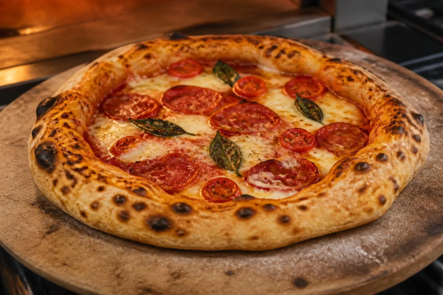 une pizza maison tout juste sortie du four, sur une pierre à pizza, le bord doré et cloqué