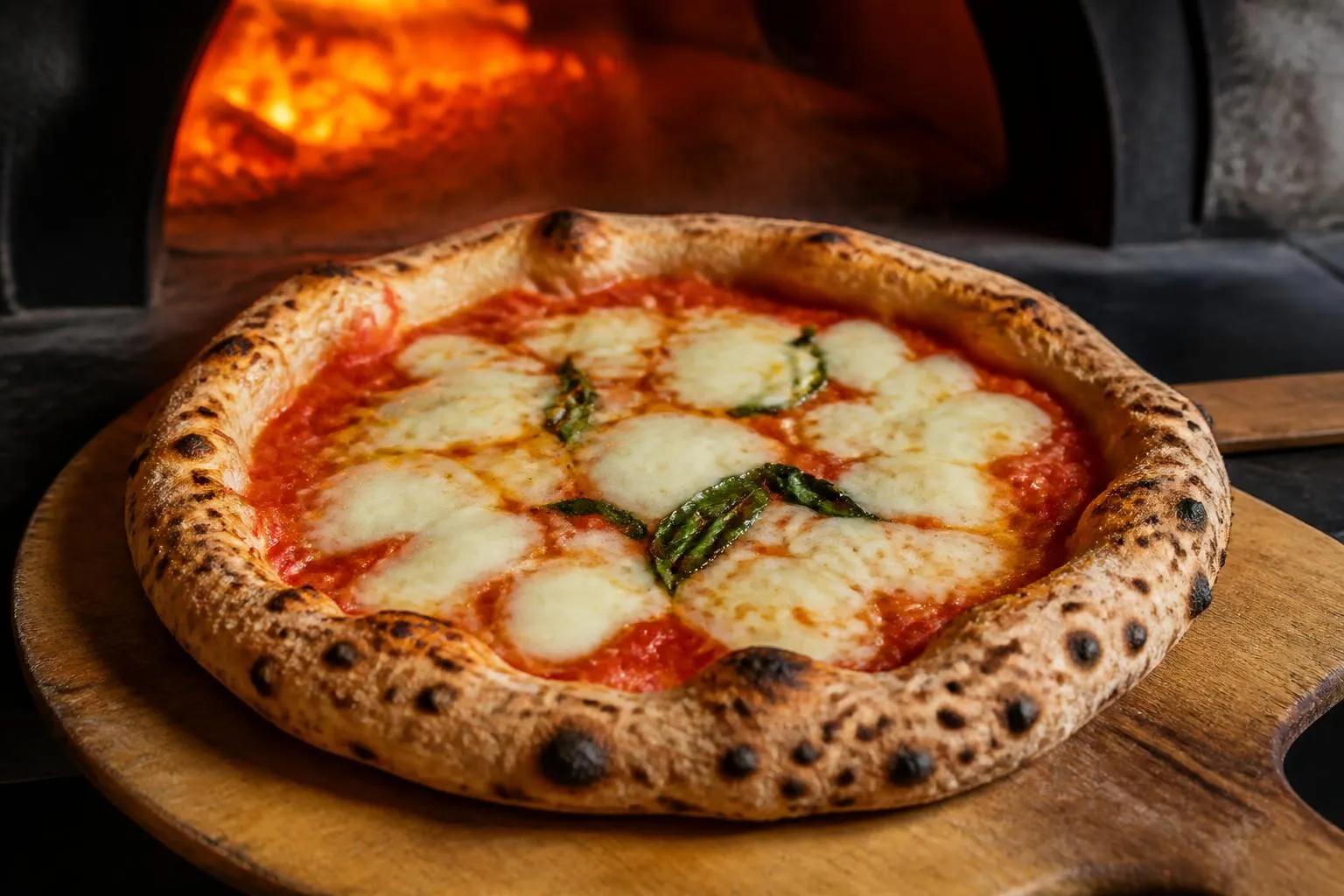 une pizza napolitaine tout juste sortie du four posée sur une pelle en bois, corniche gonflée et tachetée de noir, mozzarella encore fondante