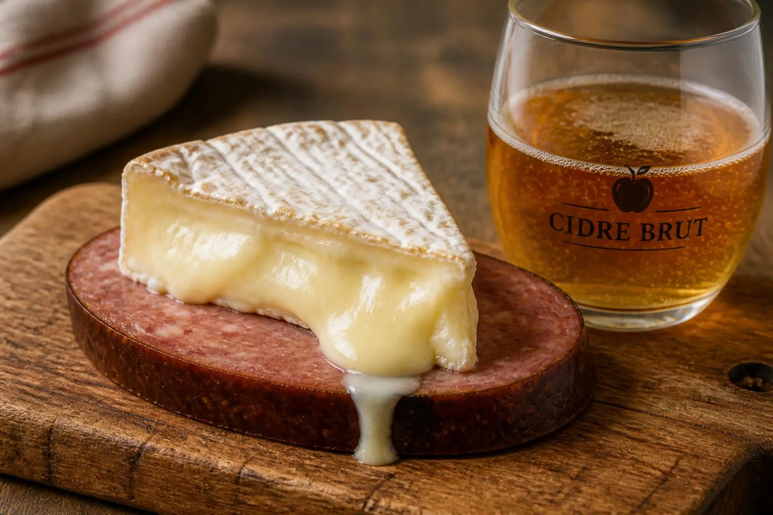 une tranche de camembert coulant posée sur une andouille de Vire fumée, à côté d'un verre de cidre brut, sur une planche en bois